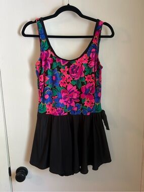 Vintage Floral Tank Swimdress with Black Skirt